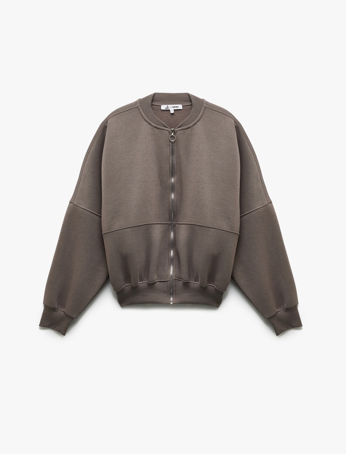  Üç İplik Şardonlu Uzun Kollu Fermuarlı Bomber Yaka Sweatshirt