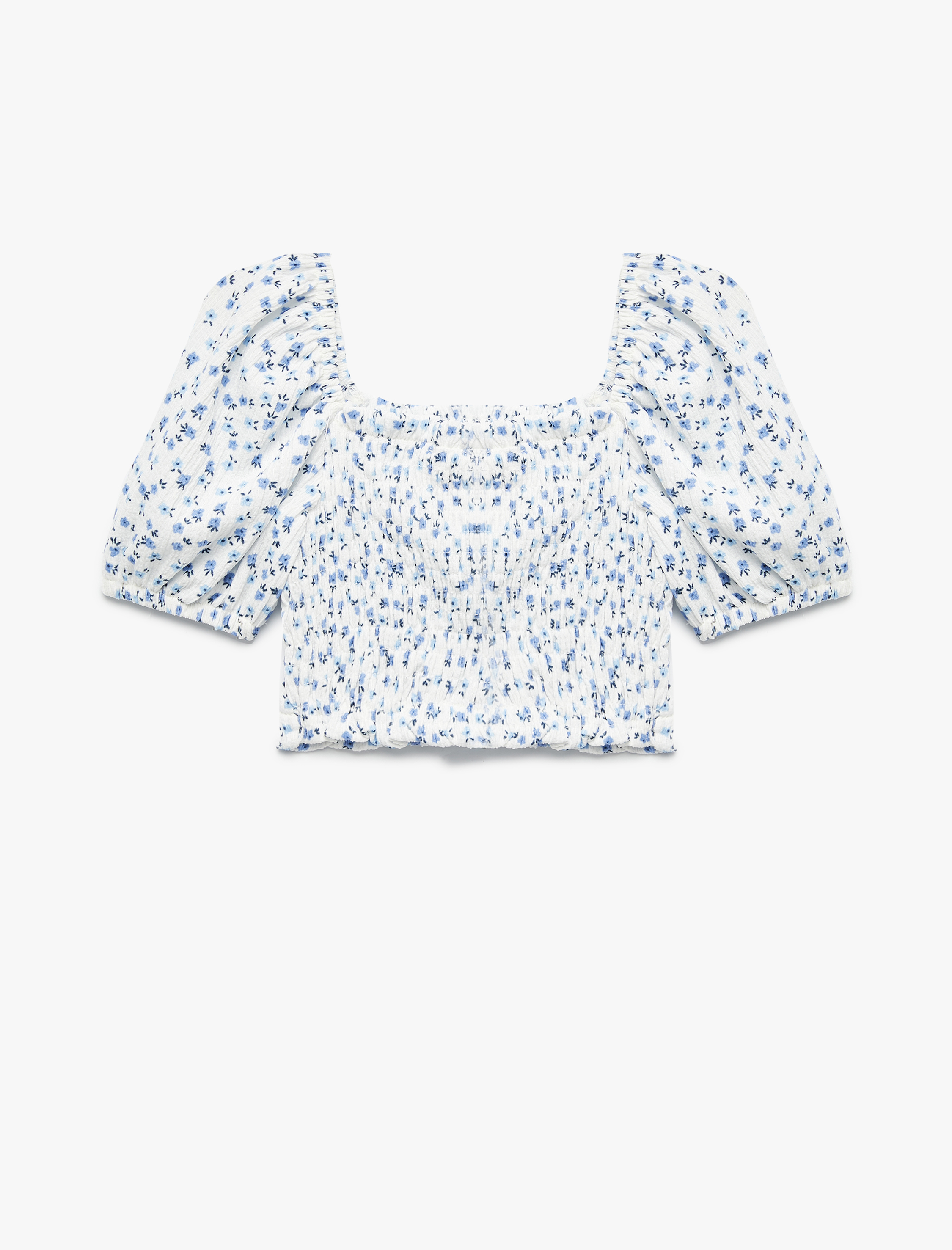  Kız Bebek Çiçek Desenli Kare Yaka Balon Kollu Crop Tişört