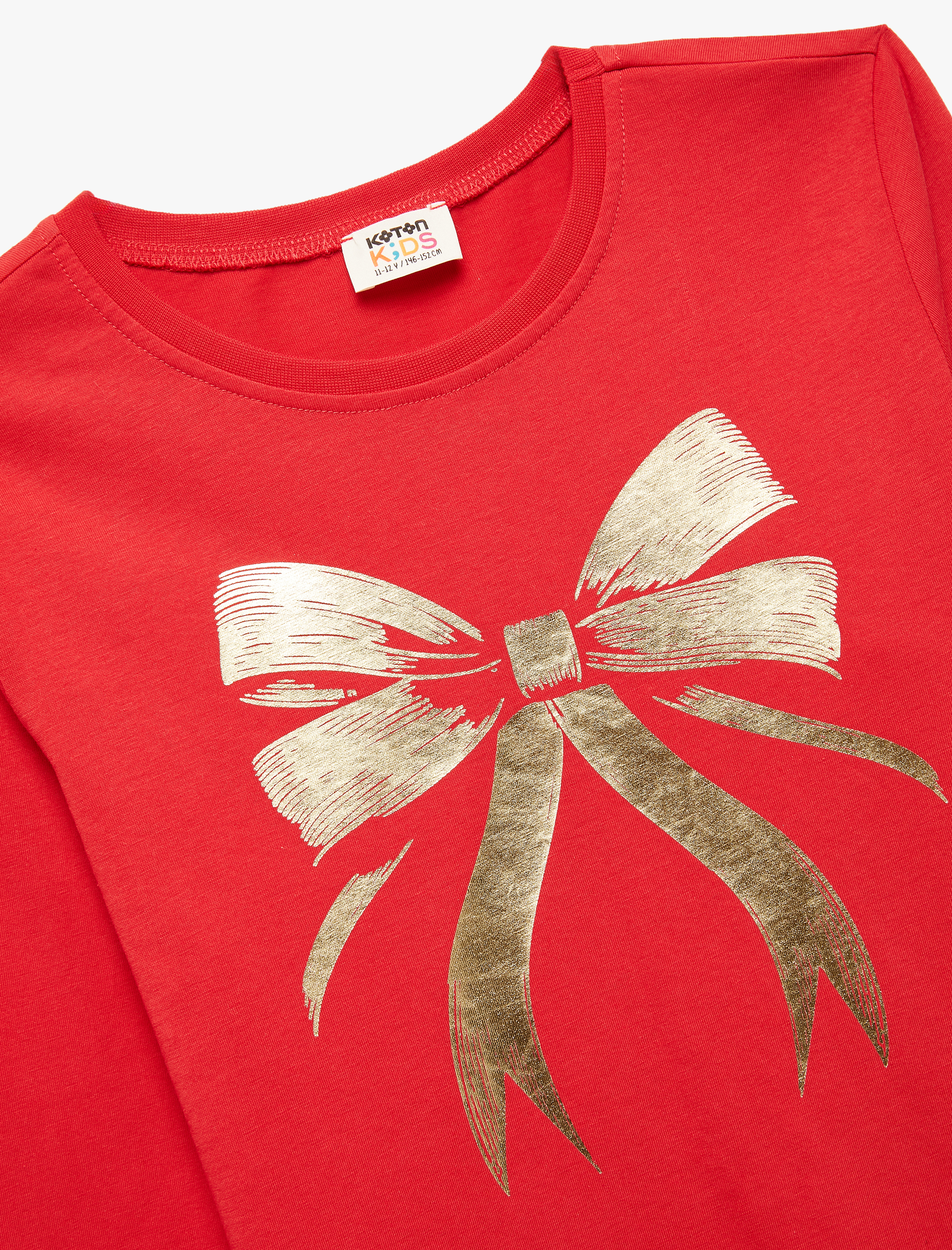  Kız Çocuk Uzun Kollu Pamuklu Parlak Fiyonk Baskılı Bisiklet Yaka Tişört