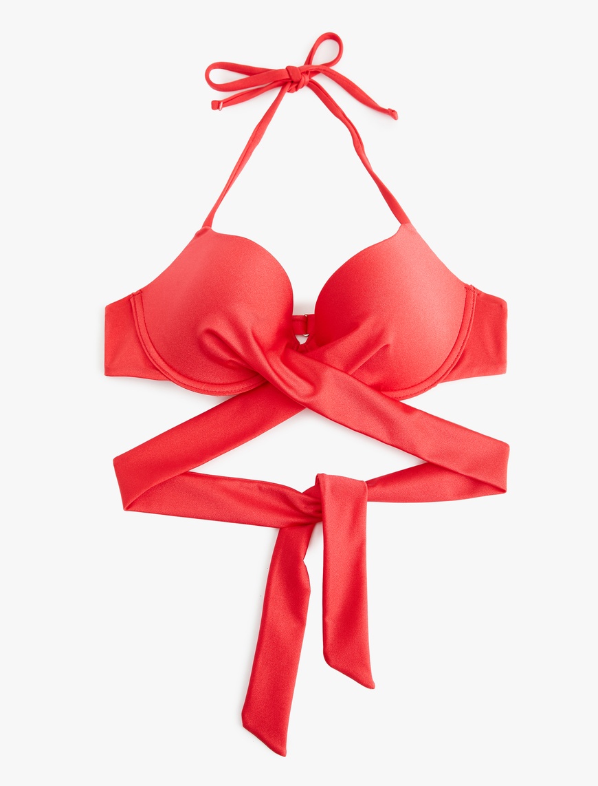   Boyundan Bağlamalı Çapraz Kuşak Aksesuar Detaylı Push-Up Bikini Üstü