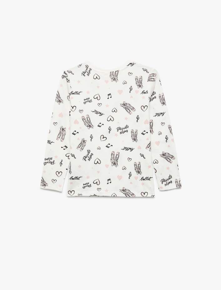 Kız Çocuk Pamuklu Uzun Kollu Bisiklet Yaka Bale Baskılı Tişört