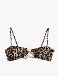 Çıkarılabilir Askı Detaylı Aksesuarlı Leopar Desenli Straplez Bikini Üstü