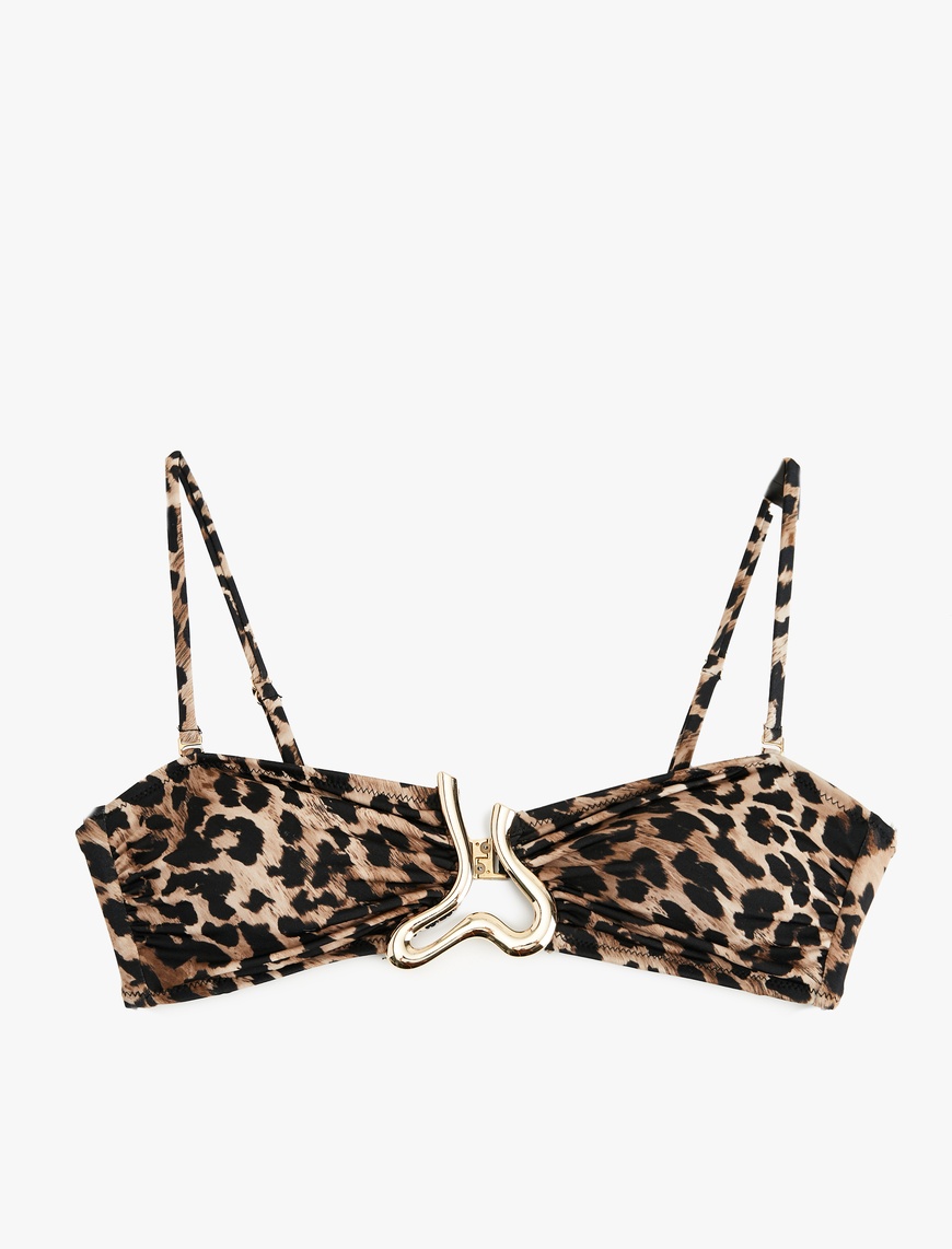   Çıkarılabilir Askı Detaylı Aksesuarlı Leopar Desenli Straplez Bikini Üstü