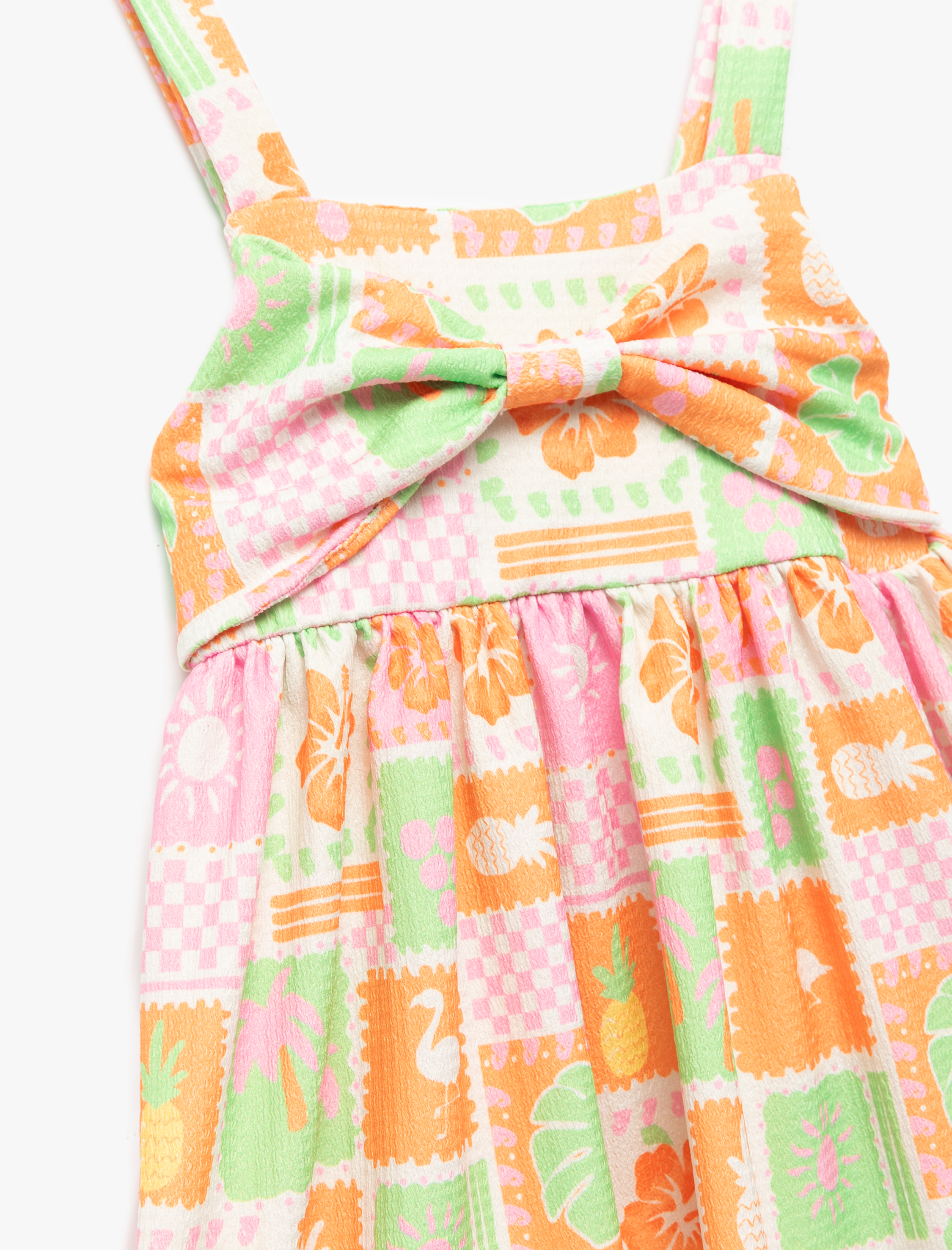  Kız Bebek Fiyonklu Bürümcük Meyve Desenli Askılı Elbise