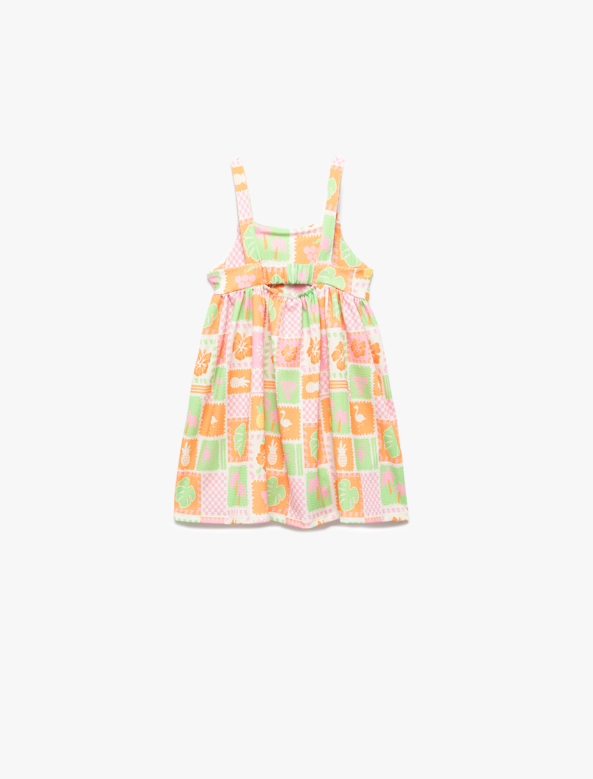  Kız Bebek Fiyonklu Bürümcük Meyve Desenli Askılı Elbise