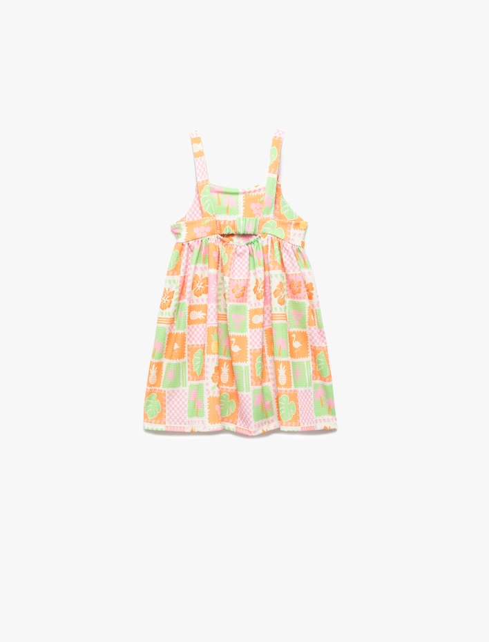 Kız Bebek Fiyonklu Bürümcük Meyve Desenli Askılı Elbise