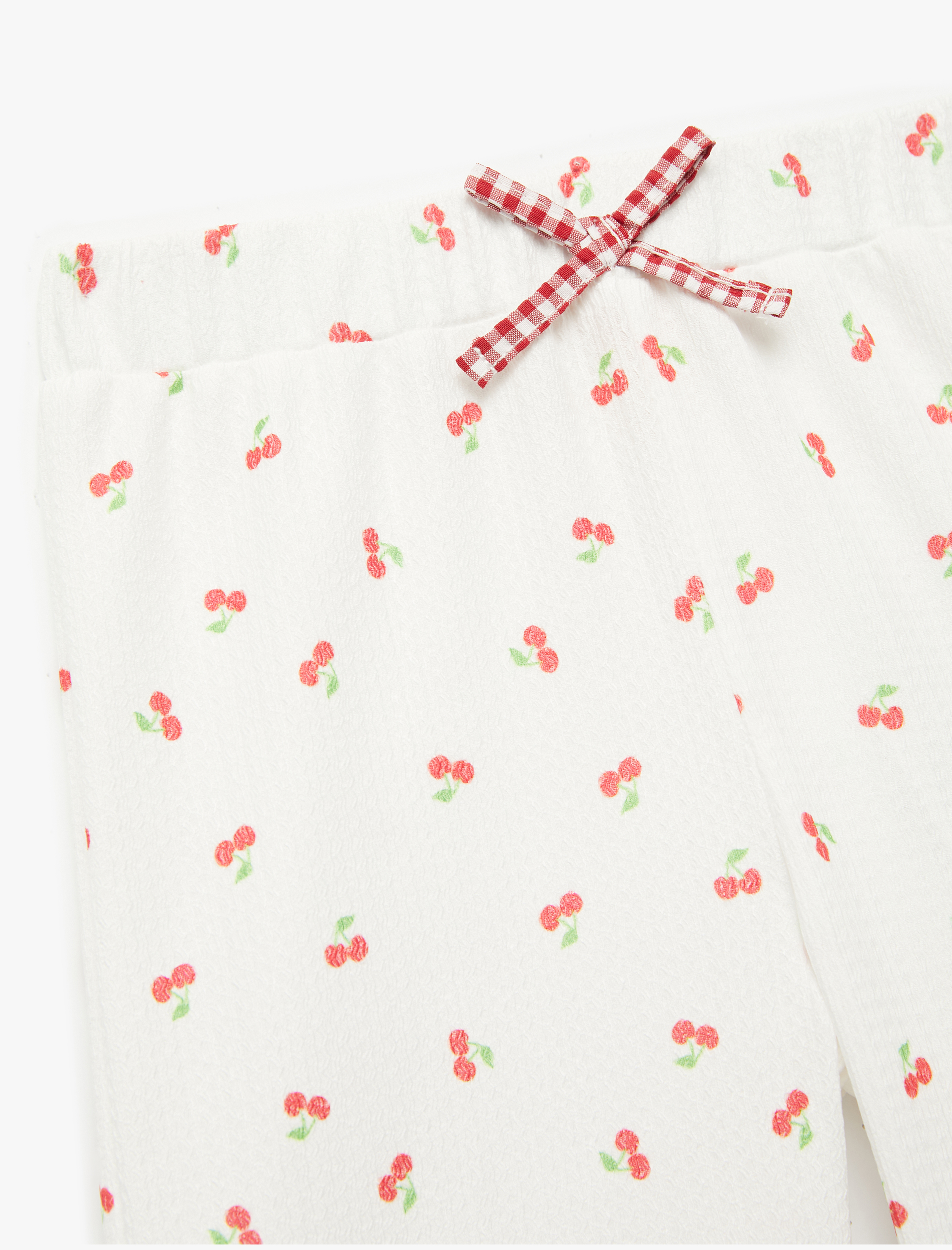  Kız Bebek Fiyonklu Bürümcük Dokulu Beli Lastikli Kiraz Baskılı Geniş Paça Pantolon