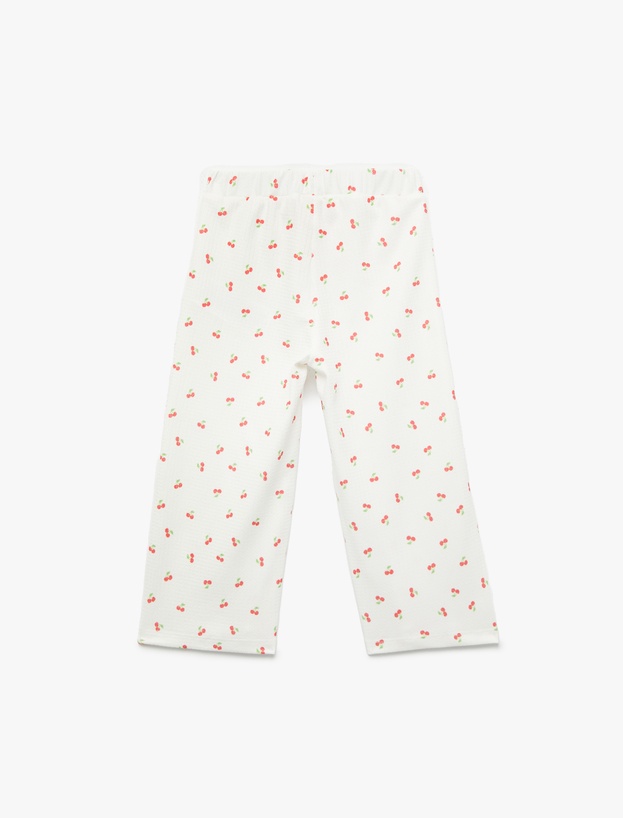 Fiyonklu Bürümcük Dokulu Beli Lastikli Kiraz Baskılı Geniş Paça Pantolon_1
