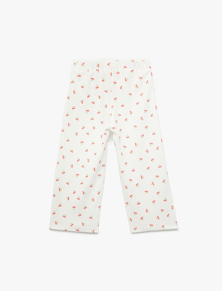 Kız Bebek Fiyonklu Bürümcük Dokulu Beli Lastikli Kiraz Baskılı Geniş Paça Pantolon