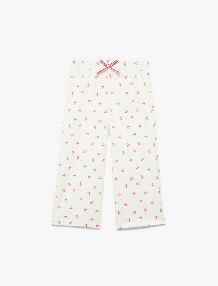 Kız Bebek Fiyonklu Bürümcük Dokulu Beli Lastikli Kiraz Baskılı Geniş Paça Pantolon