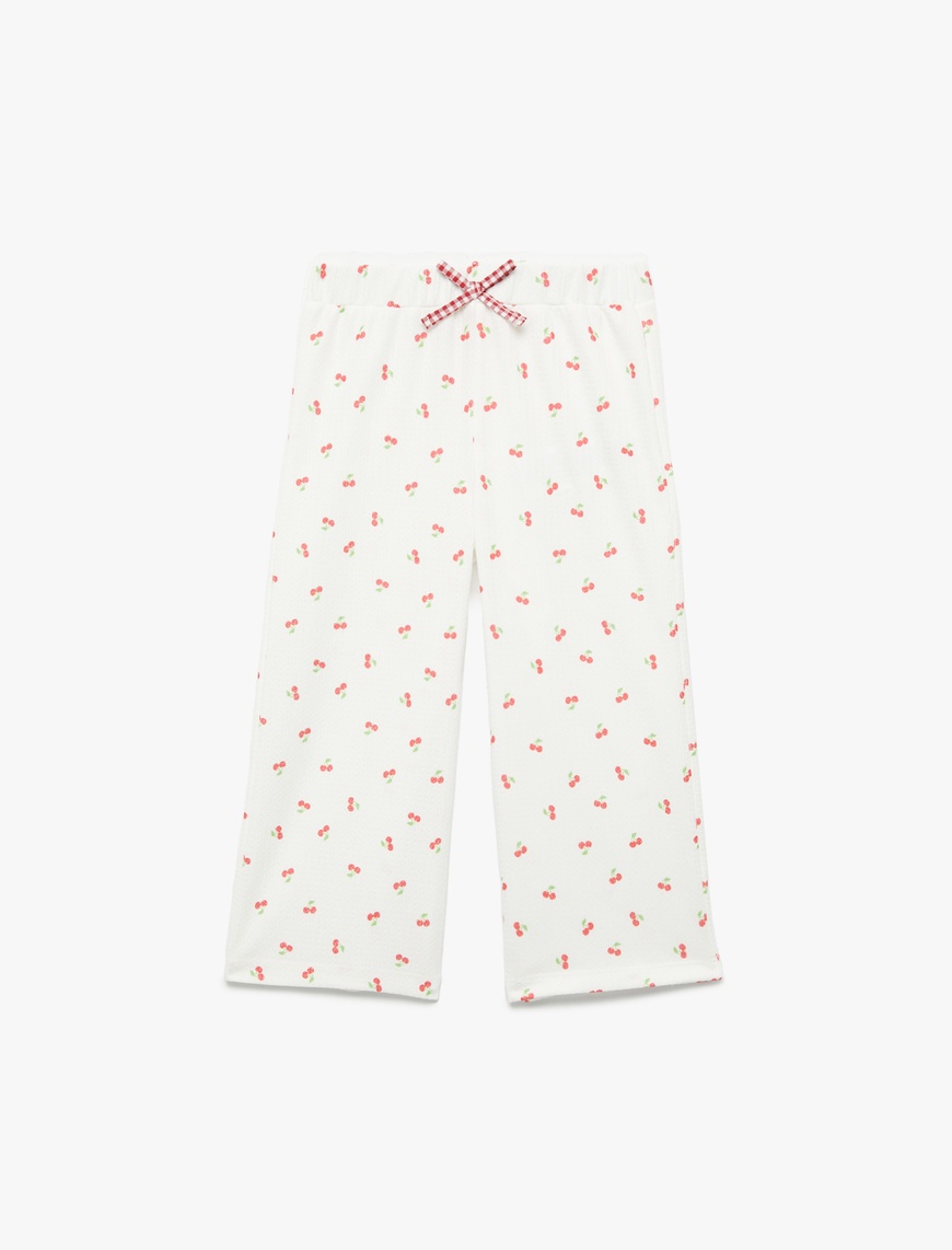  Kız Bebek Fiyonklu Bürümcük Dokulu Beli Lastikli Kiraz Baskılı Geniş Paça Pantolon