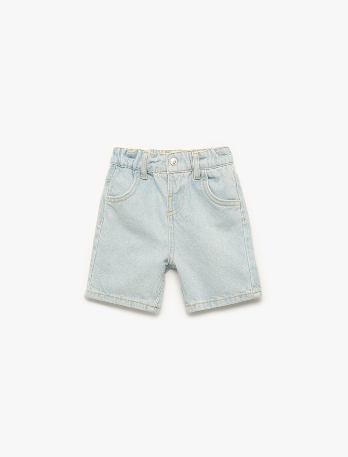 Erkek Bebek Beli Lastikli Düğmeli Cepli Pamuklu Denim Şort