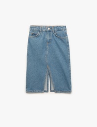 Pamuklu Cep Detaylı Yırtmaçlı Midi Denim Etek