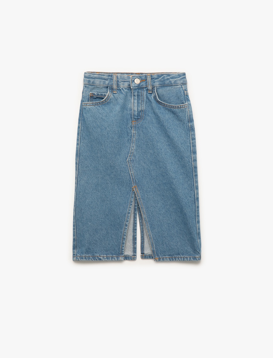  Kız Çocuk Pamuklu Cep Detaylı Yırtmaçlı Midi Denim Etek