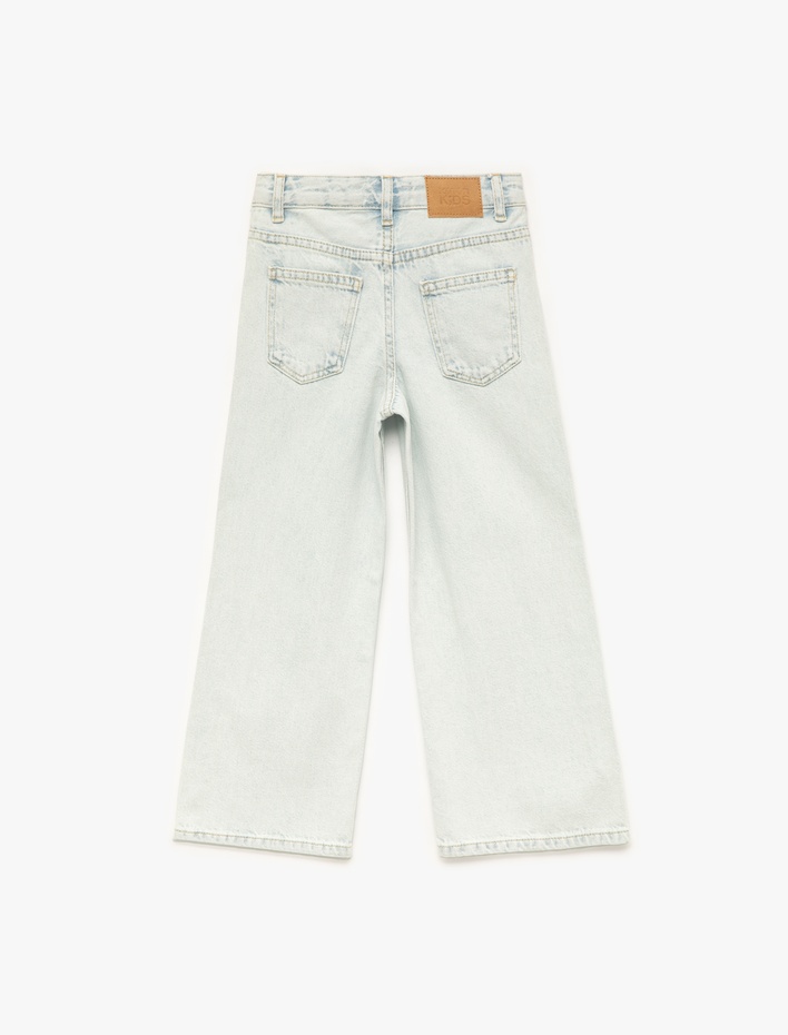 Kız Çocuk Pamuklu Normal Bel Zımba Detaylı  Geniş Paça Denim Pantolon - Wide Leg Jeans