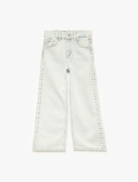 Pamuklu Normal Bel Zımba Detaylı  Geniş Paça Denim Pantolon - Wide Leg Jeans