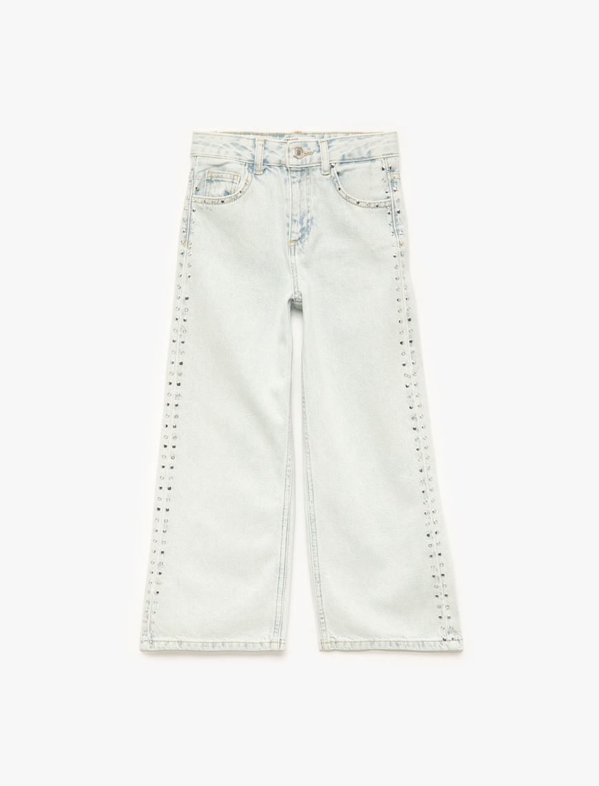  Kız Çocuk Pamuklu Normal Bel Zımba Detaylı  Geniş Paça Denim Pantolon - Wide Leg Jeans
