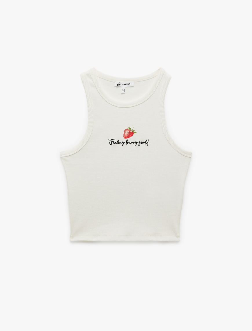   Pamuklu Bisiklet Yaka Slim Fit Çilek Nakışlı Kolsuz Bluz