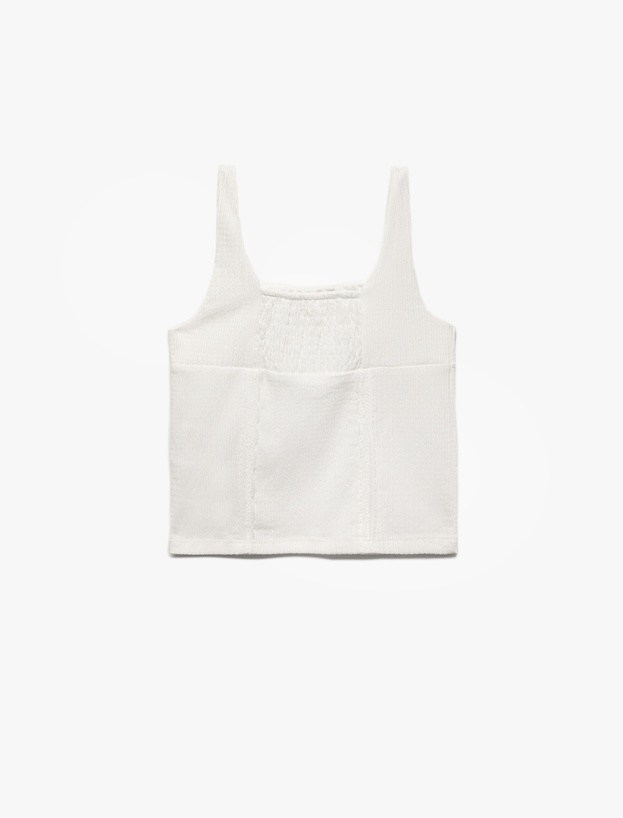 Bürümcük Kumaş Slim Fit Kare Yaka Fiyonk Detaylı Kolsuz Askılı Crop Bluz_1