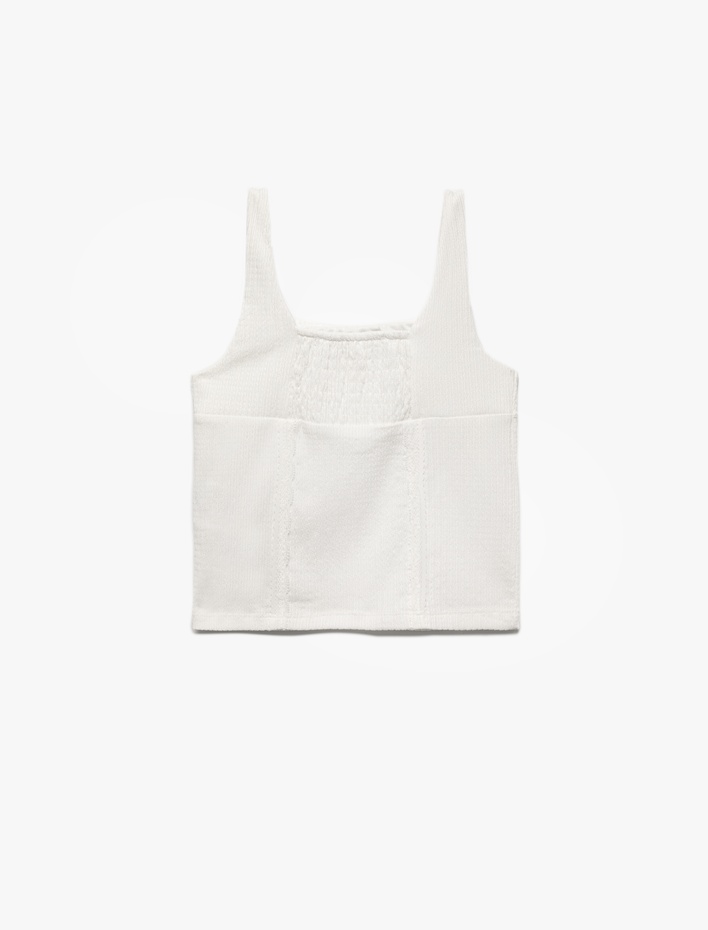 Kız Çocuk Bürümcük Kumaş Slim Fit Kare Yaka Fiyonk Detaylı Kolsuz Askılı Crop Bluz