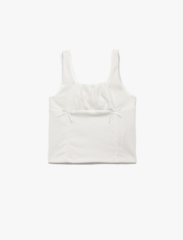 Bürümcük Kumaş Slim Fit Kare Yaka Fiyonk Detaylı Kolsuz Askılı Crop Bluz_0