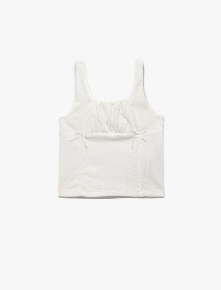 Kız Çocuk Bürümcük Kumaş Slim Fit Kare Yaka Fiyonk Detaylı Kolsuz Askılı Crop Bluz