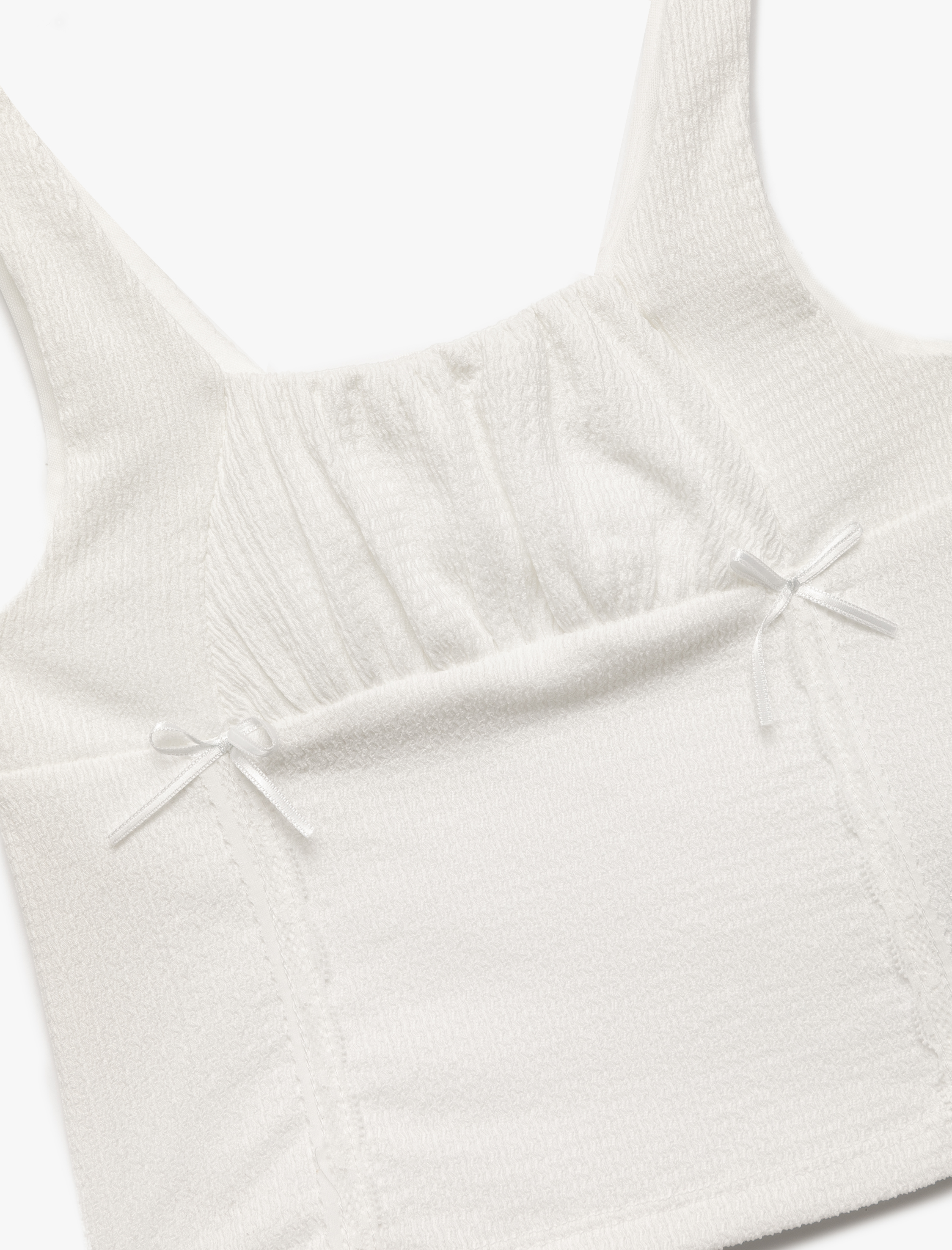  Kız Çocuk Bürümcük Kumaş Slim Fit Kare Yaka Fiyonk Detaylı Kolsuz Askılı Crop Bluz