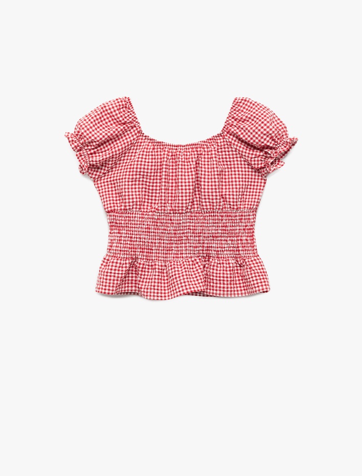 Kız Çocuk Gipeli Kısa Kollu Kayık Yaka Fırfır Detaylı Pötikareli Crop Poplin Bluz