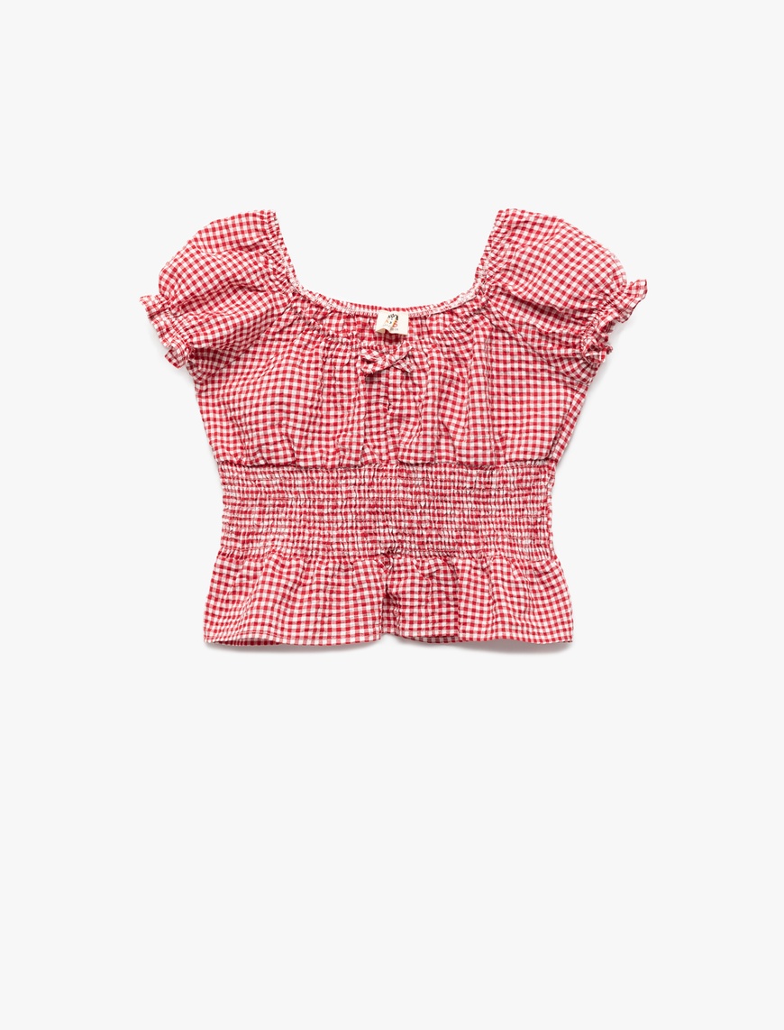  Kız Çocuk Gipeli Kısa Kollu Kayık Yaka Fırfır Detaylı Pötikareli Crop Poplin Bluz