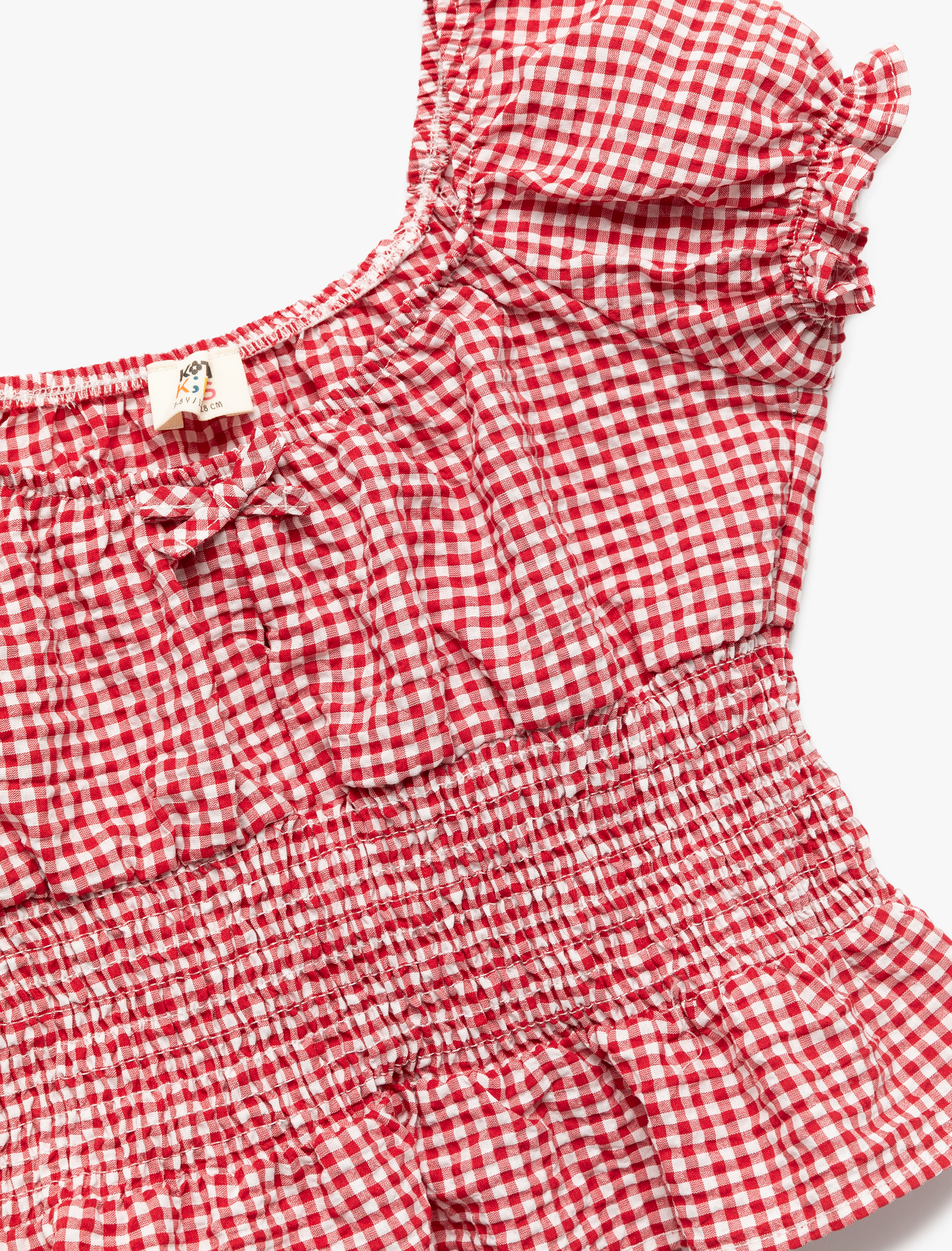  Kız Çocuk Gipeli Kısa Kollu Kayık Yaka Fırfır Detaylı Pötikareli Crop Poplin Bluz