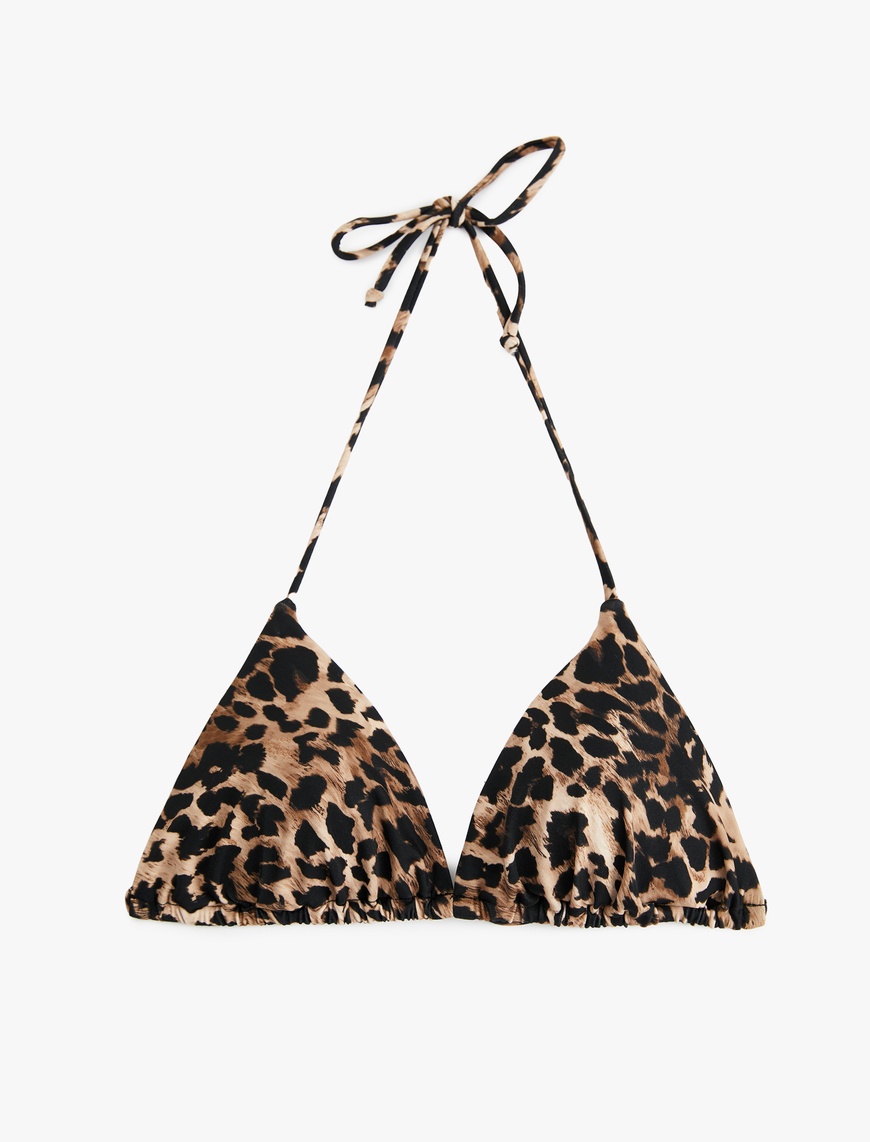  Boyundan Bağlamalı İpli Leopar Desenli Üçgen Bikini Üstü