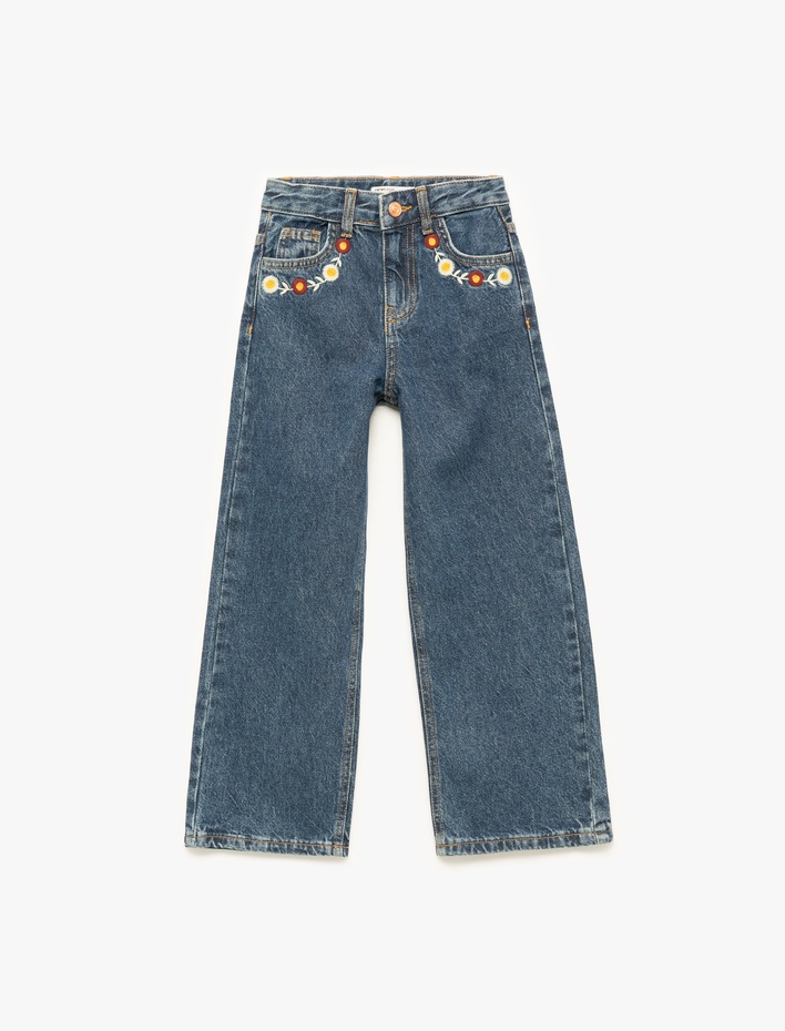 Kız Çocuk Yüksek Bel Pamuklu Bol Kalıp Çiçek İşlemeli Geniş Paça Denim Pantolon