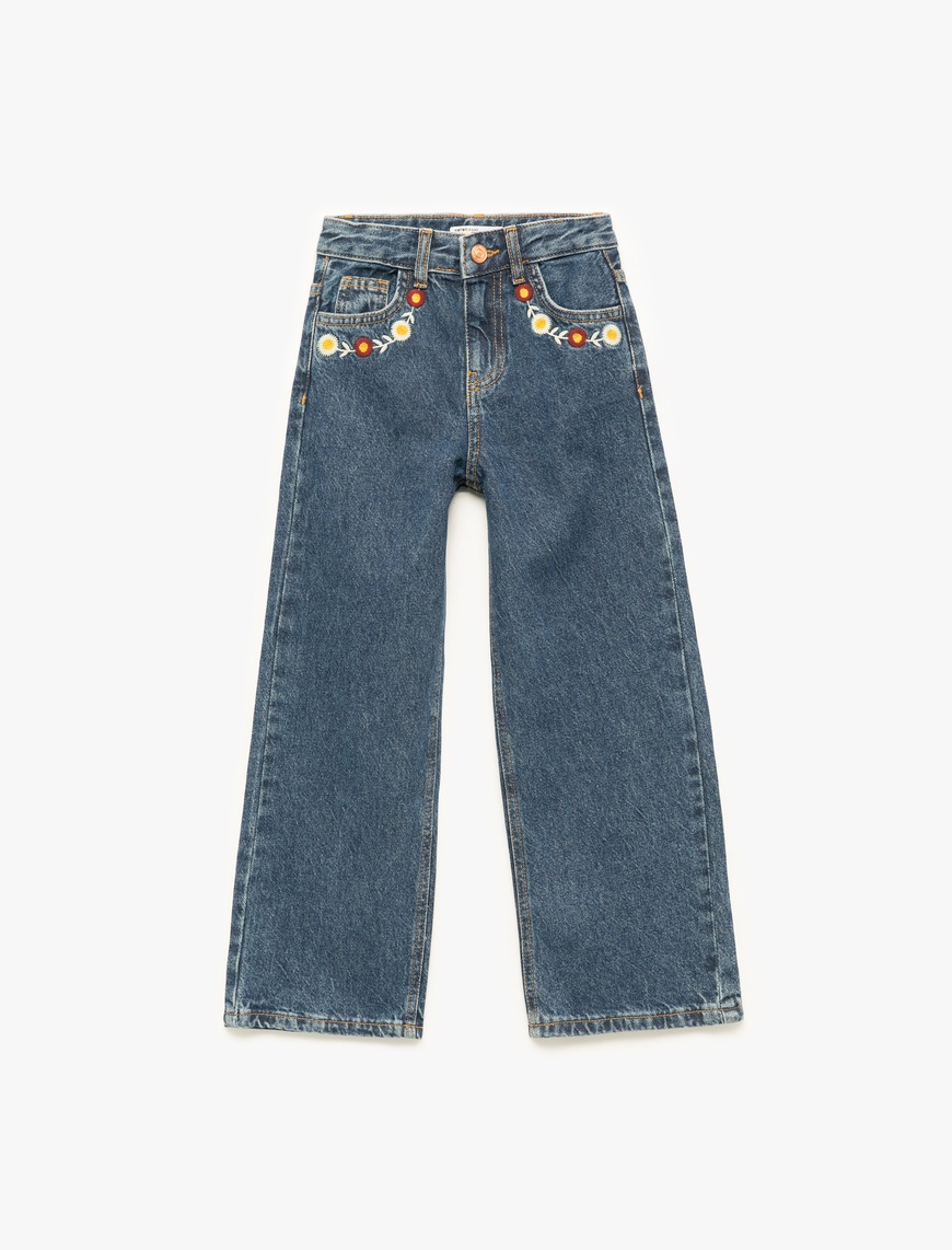 Kız Çocuk Yüksek Bel Pamuklu Bol Kalıp Çiçek İşlemeli Geniş Paça Denim Pantolon