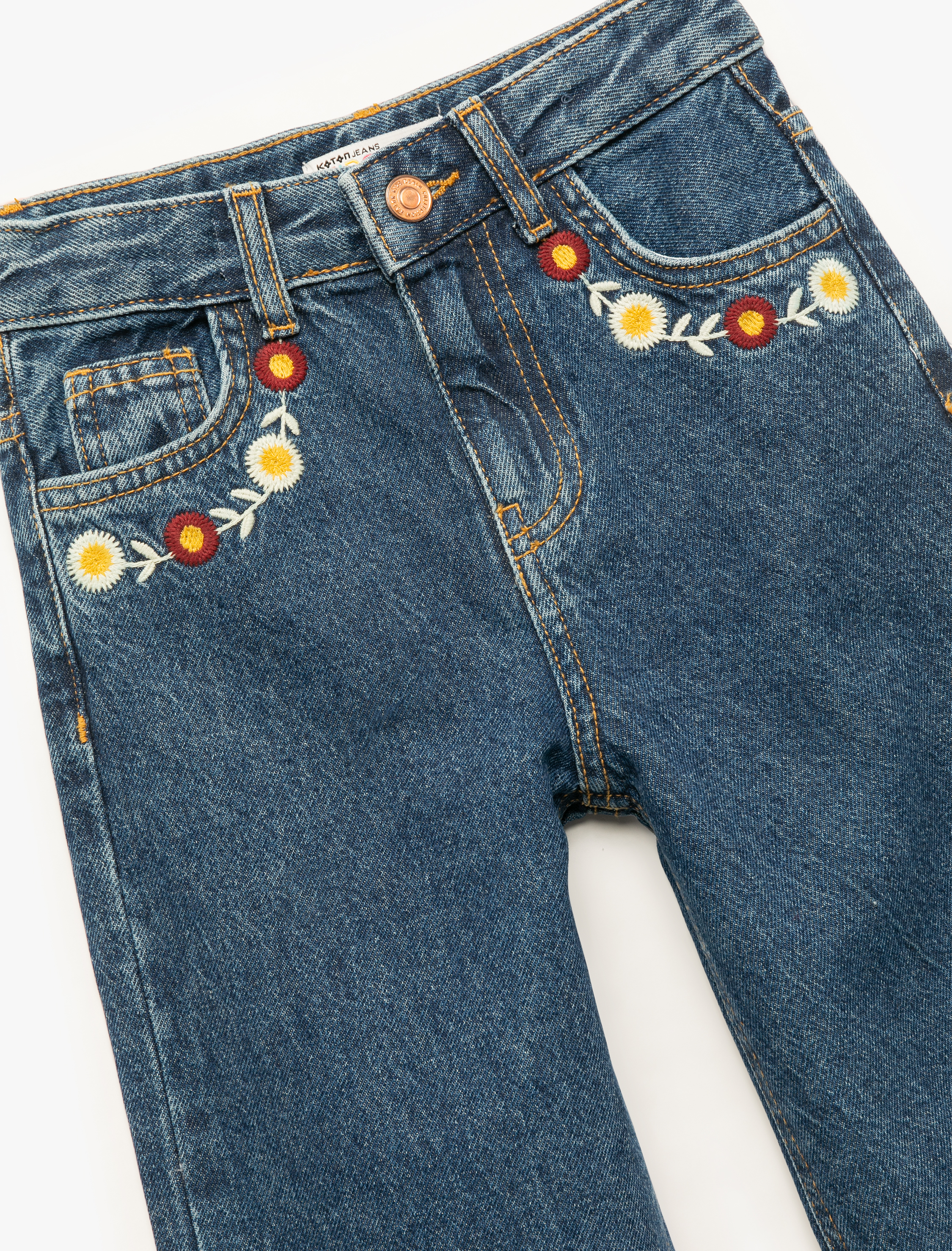  Kız Çocuk Yüksek Bel Pamuklu Bol Kalıp Çiçek İşlemeli Geniş Paça Denim Pantolon