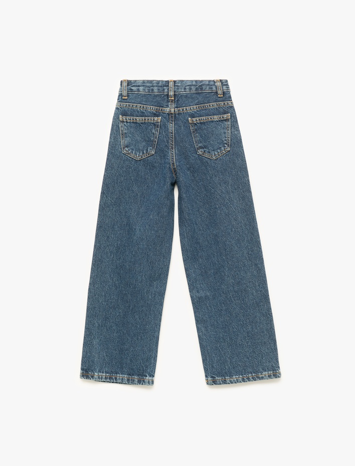 Kız Çocuk Yüksek Bel Pamuklu Bol Kalıp Çiçek İşlemeli Geniş Paça Denim Pantolon