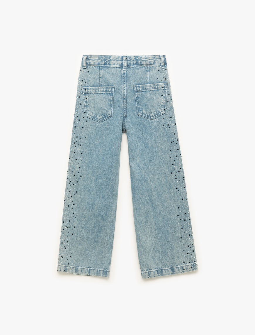  Kız Çocuk Pamuklu Taş Detaylı Cepli Geniş Paça Denim Pantolon