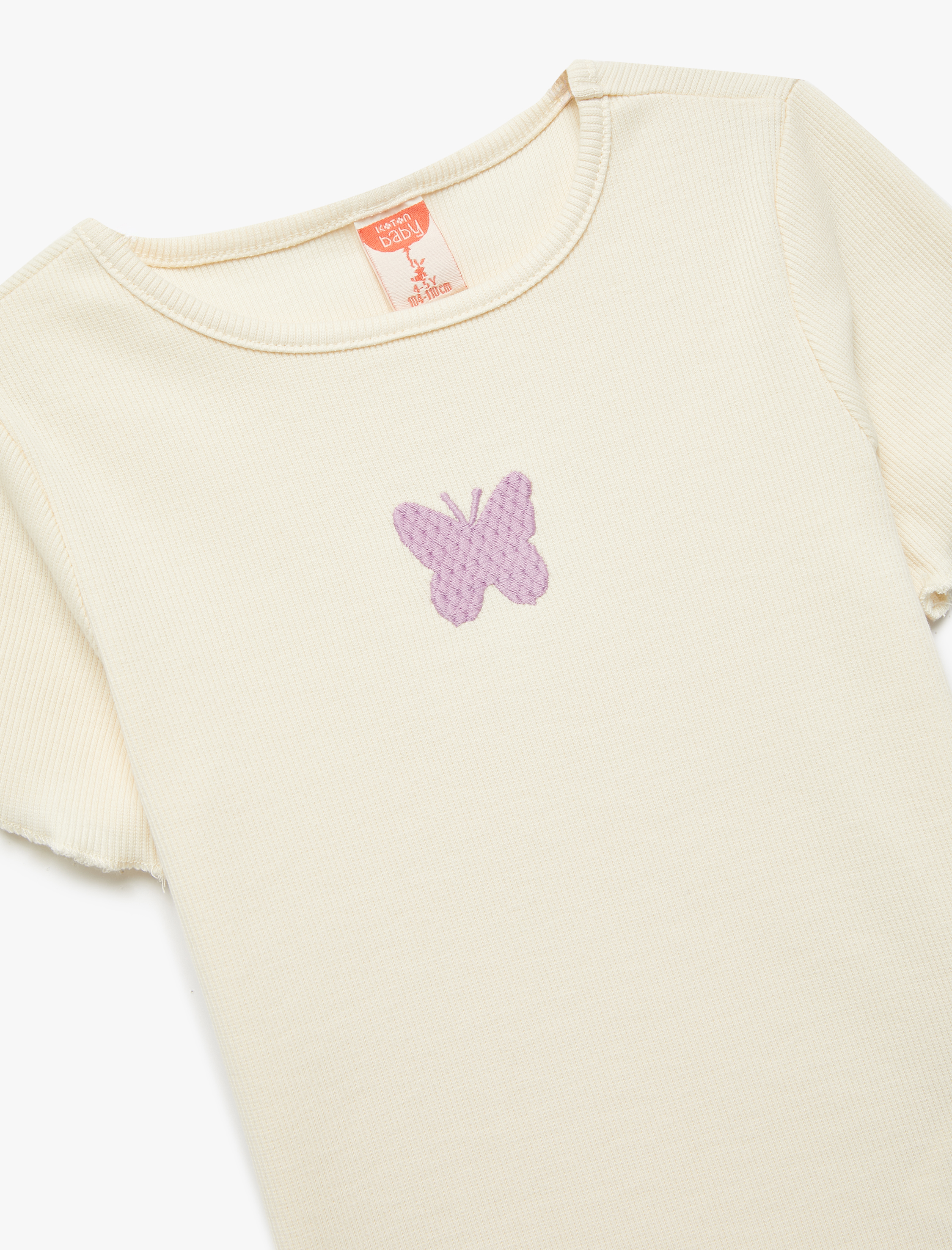 Kız Bebek Kelebek Nakışlı Pamuklu Kısa Kollu Bisiklet Yaka Tişört
