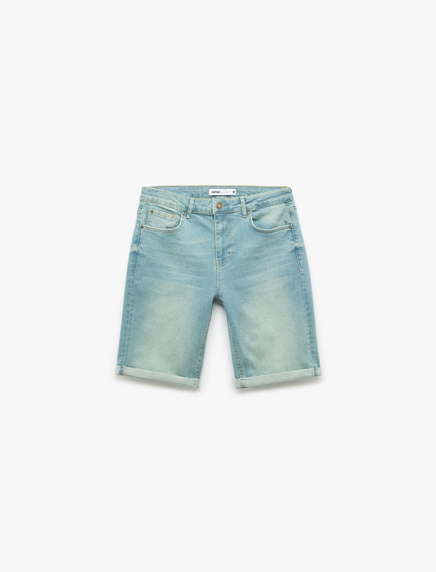   Pamuklu Cep Detaylı Katlamalı Paça Slim Fit Denim Şort