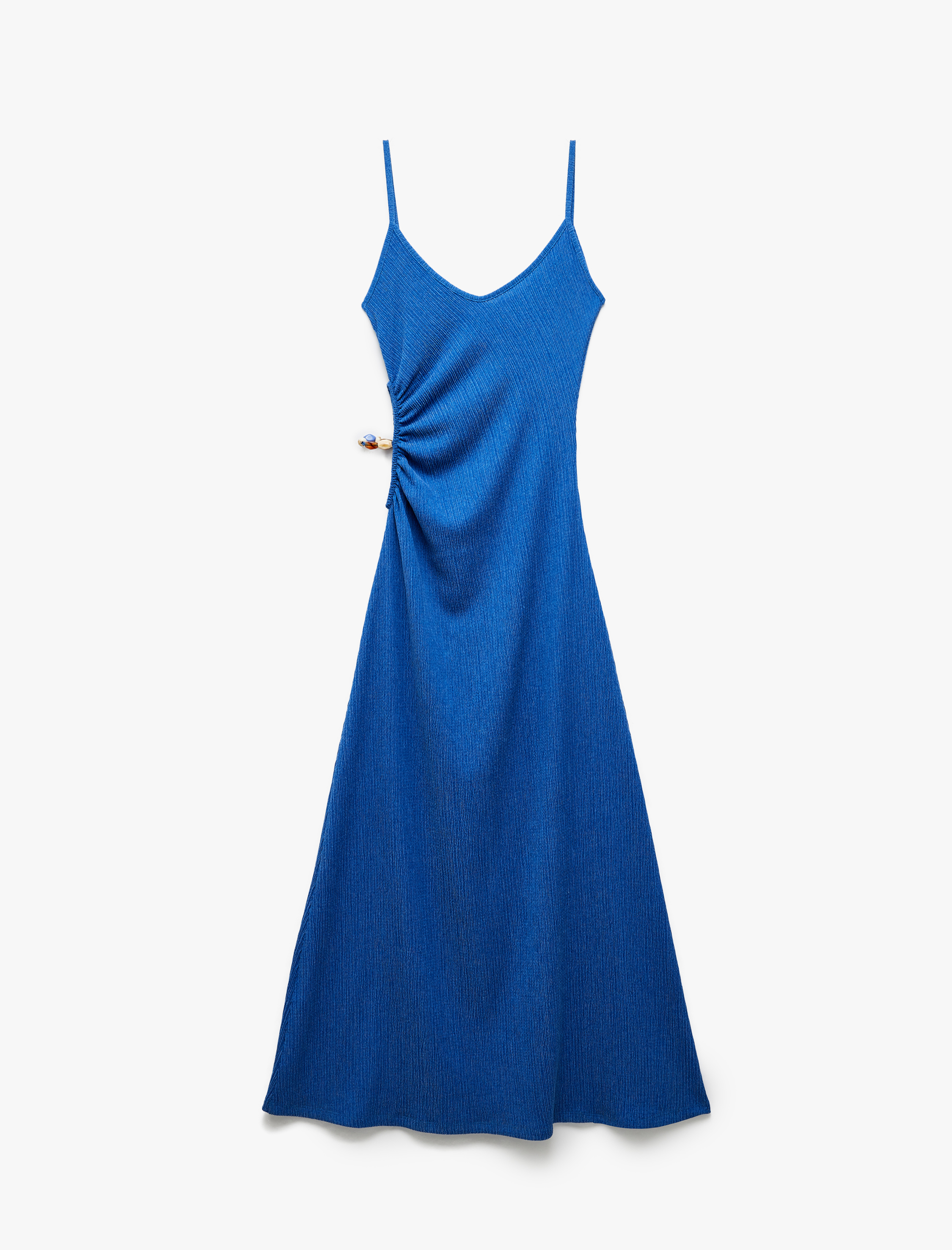   Koton X Şahika Ercümen - Bürümcük Kumaş Pencere Detaylı Midi Boncuklu İnce Askılı Uzun Elbise