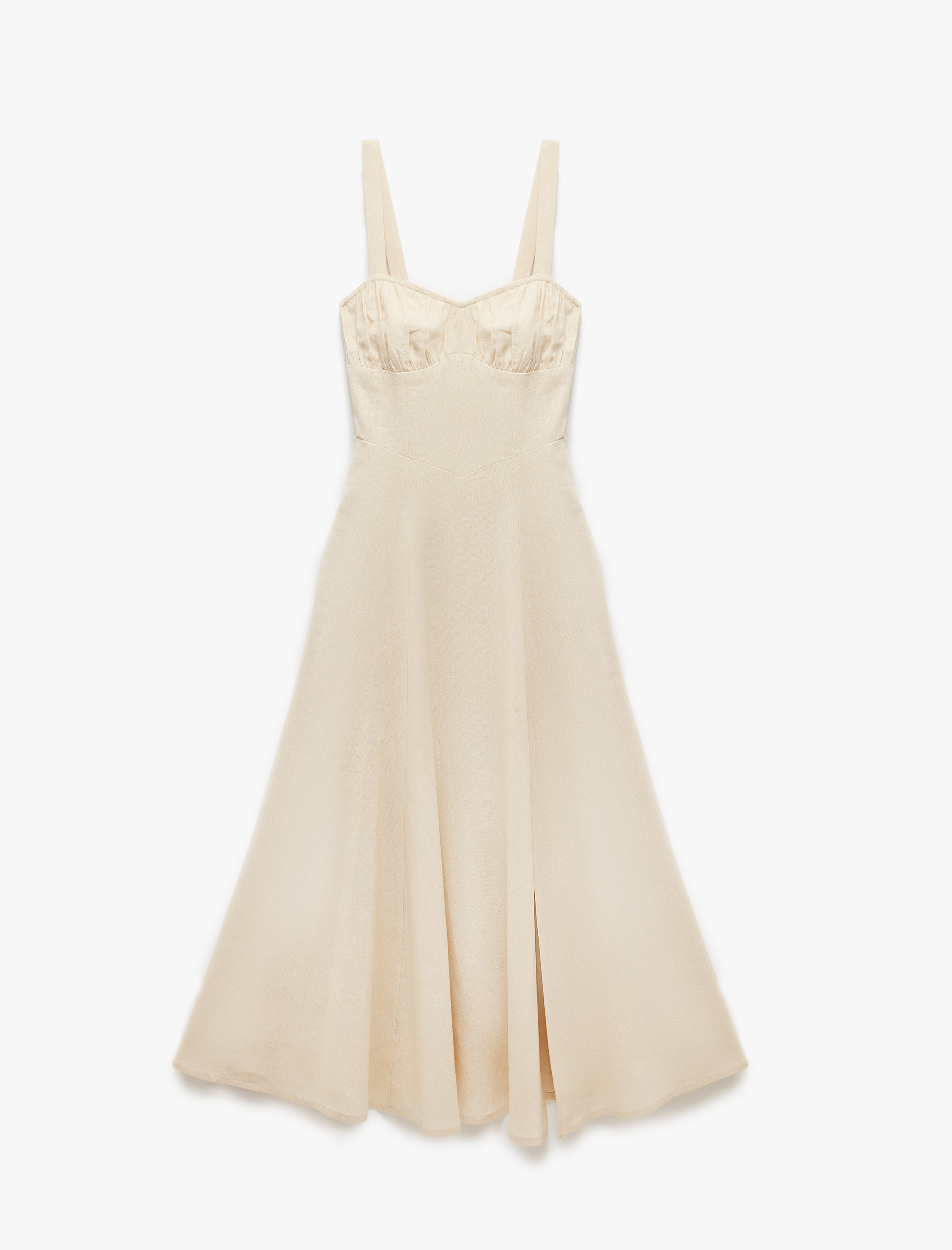 Koton X Şahika Ercümen - Kalp Yaka Yırtmaç Detaylı Midi Boy Askılı Keten Elbise