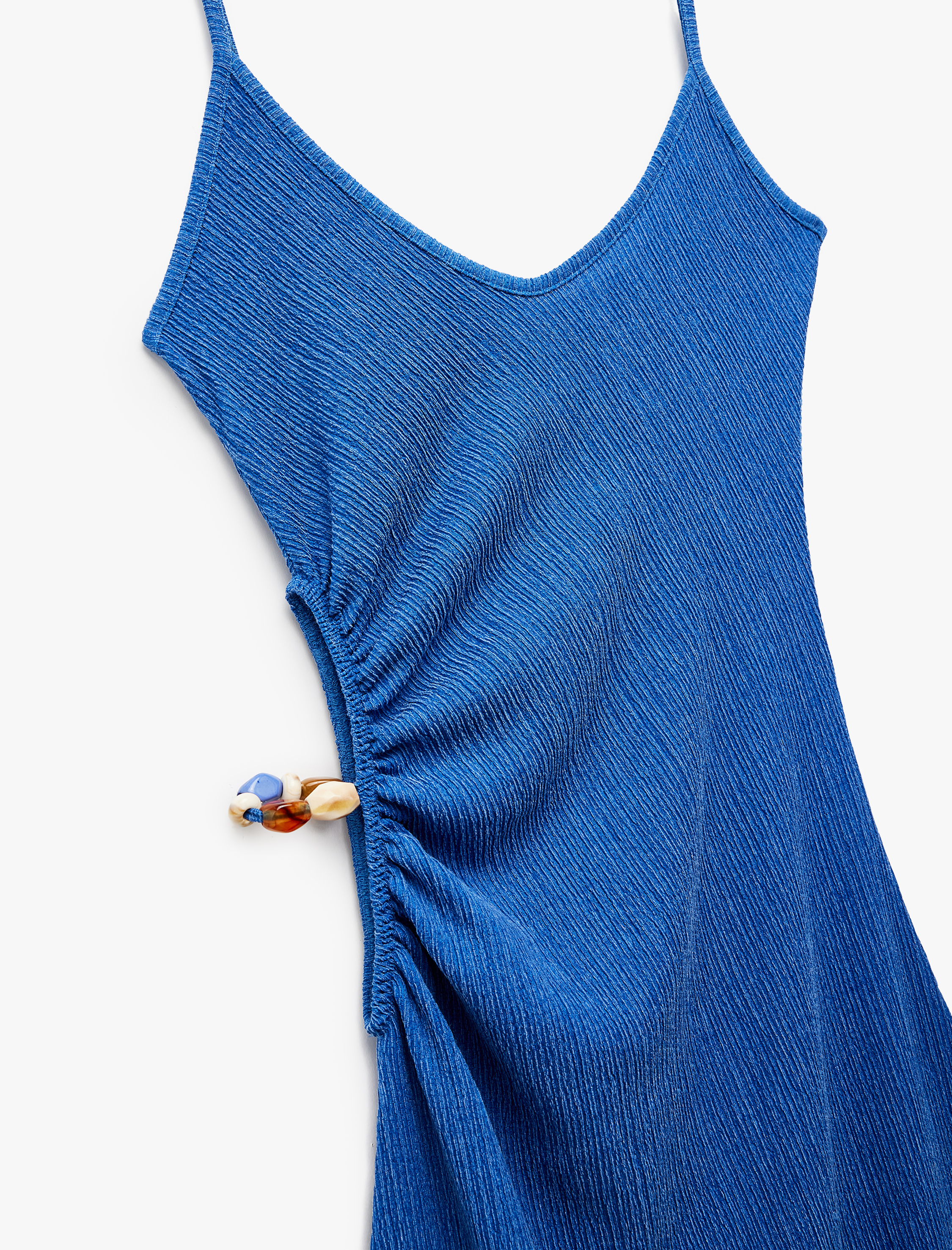   Koton X Şahika Ercümen - Bürümcük Kumaş Pencere Detaylı Midi Boncuklu İnce Askılı Uzun Elbise