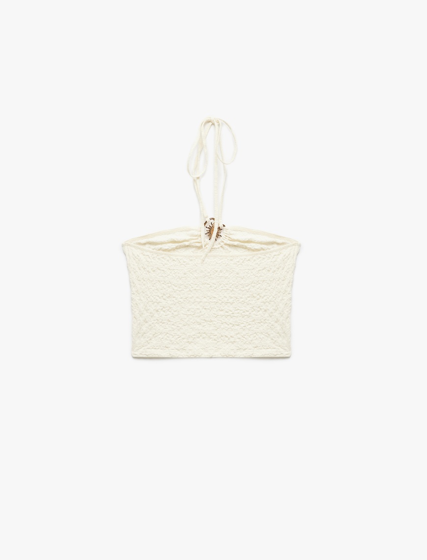   Koton X Şahika Ercümen - Bürümcük Kumaş Aksesuar Detaylı Halter Yaka Crop Bluz