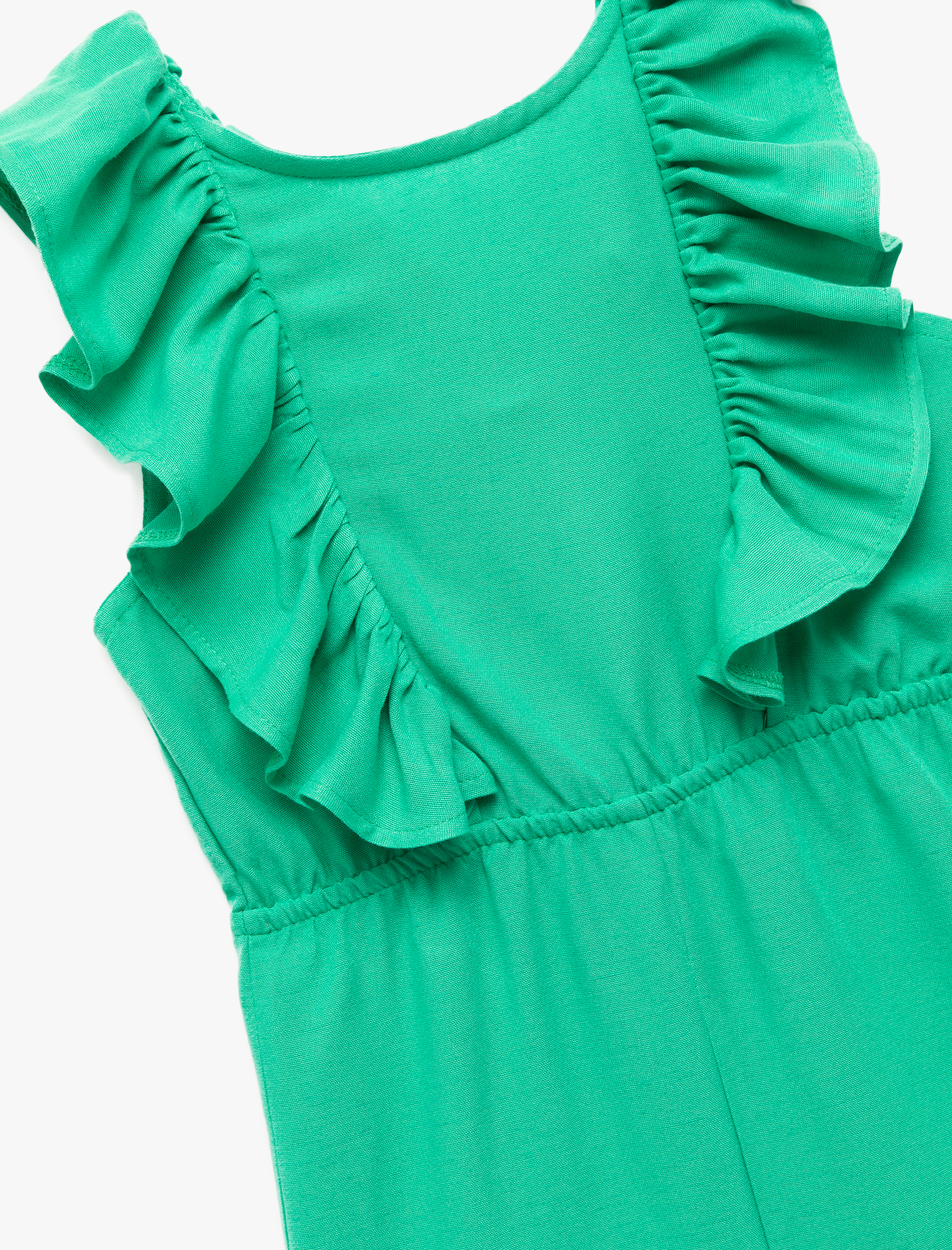  Kız Bebek Kolsuz Bisiklet Yaka Fırfırlı Keten Salopet Tulum