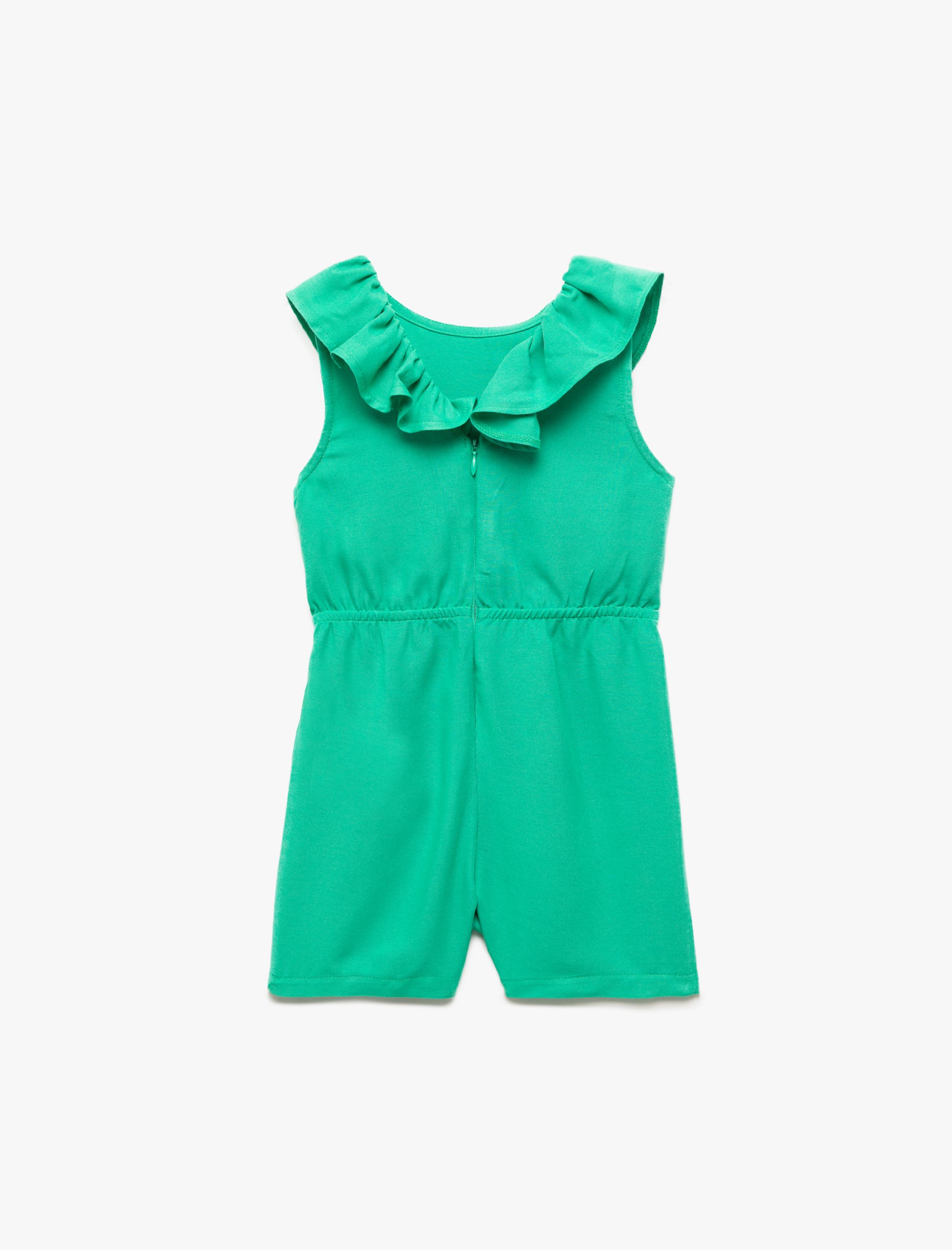  Kız Bebek Kolsuz Bisiklet Yaka Fırfırlı Keten Salopet Tulum