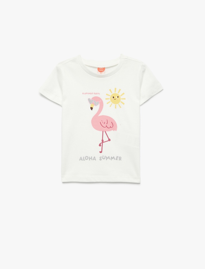 Kız Bebek Kısa Kollu Bisiklet Yaka Pamuklu Flamingo Baskılı Tişört
