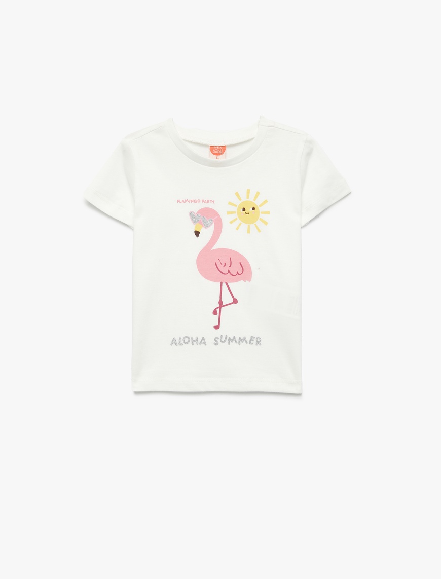  Kız Bebek Kısa Kollu Bisiklet Yaka Pamuklu Flamingo Baskılı Tişört