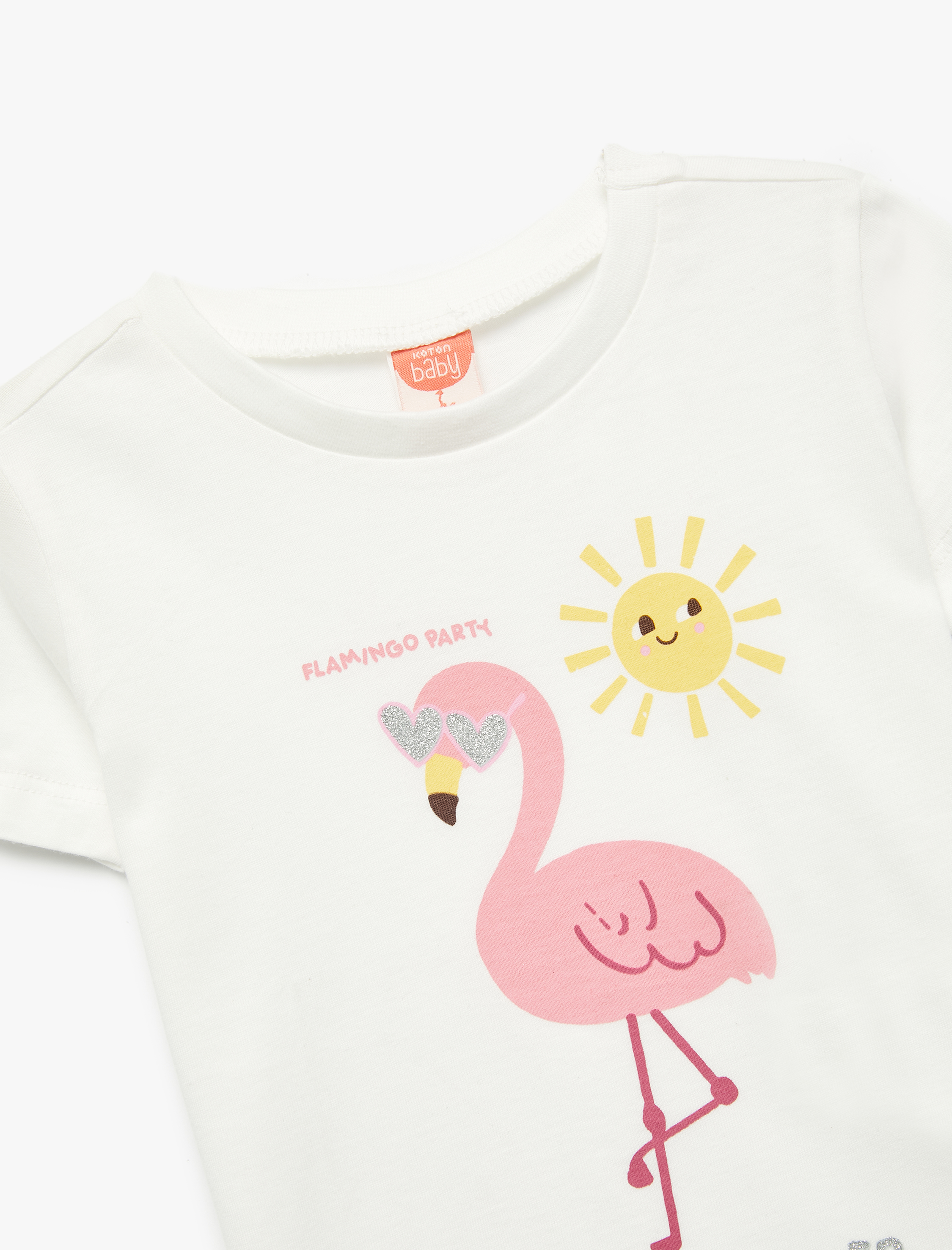  Kız Bebek Kısa Kollu Bisiklet Yaka Pamuklu Flamingo Baskılı Tişört