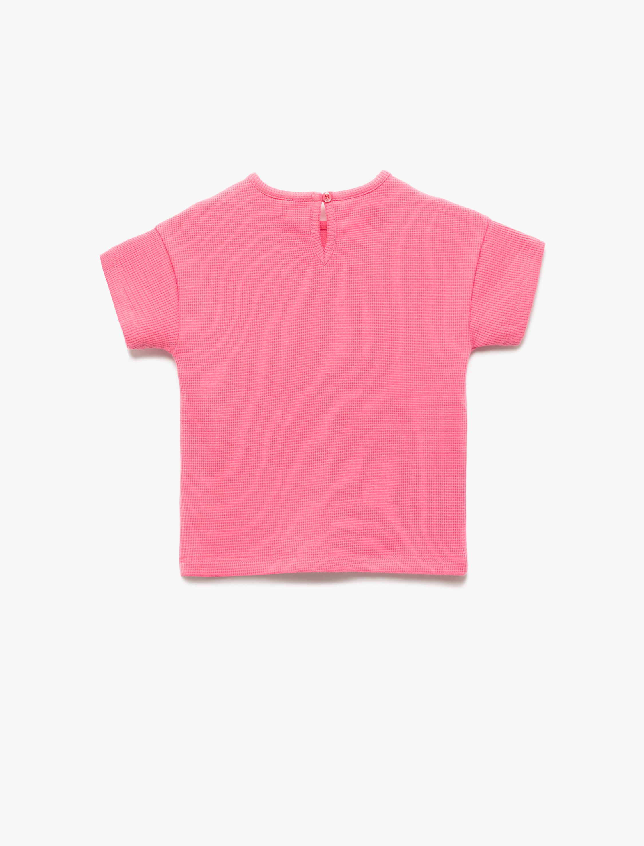  Kız Bebek Pamuklu Nakış Detaylı Kısa Kollu Dokulu Bisiklet Yaka Tişört