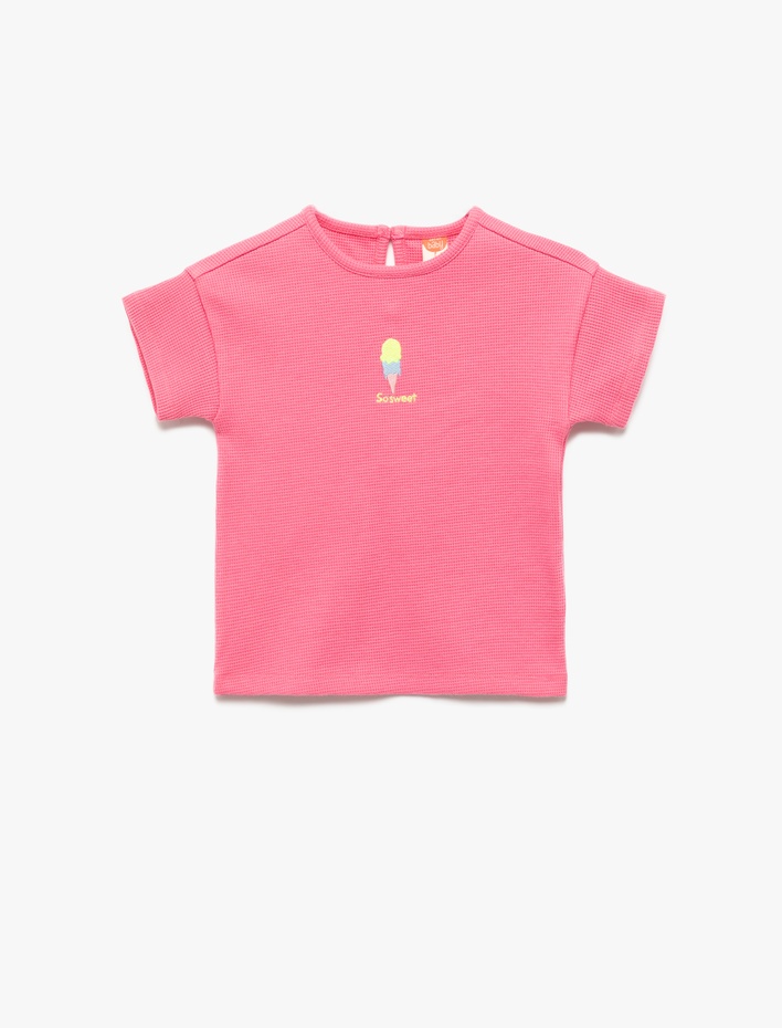 Kız Bebek Pamuklu Nakış Detaylı Kısa Kollu Dokulu Bisiklet Yaka Tişört
