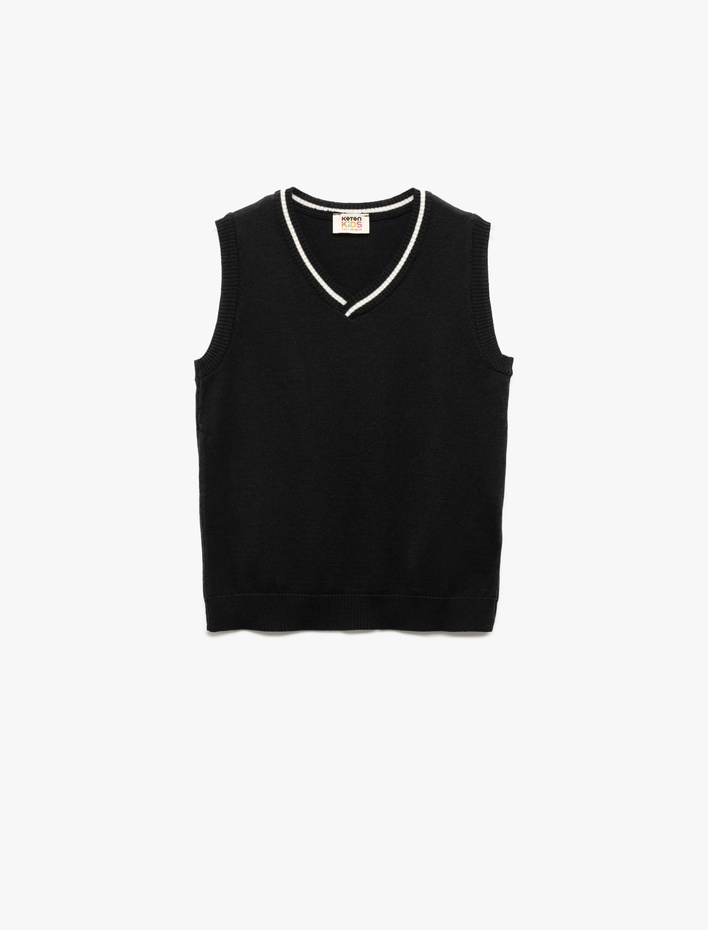 Erkek Çocuk Regular Fit Şerit Detaylı Kolsuz V Yaka Triko Süveter